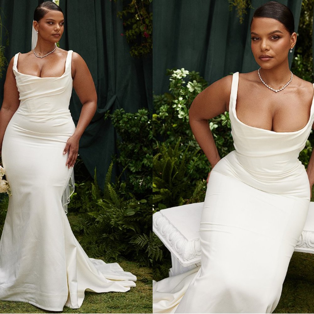 HOUSE OF CB 'Emilie' Off White Satin Mermaid Bridal Gown NWOT - Picture 5 of 16